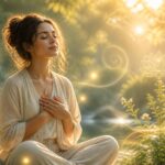 Pessoa sentada em um ambiente natural com olhos fechados, cercada por luz suave e elementos que simbolizam energia espiritual e transformação.