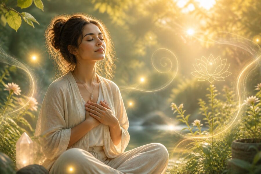 Pessoa sentada em um ambiente natural com olhos fechados, cercada por luz suave e elementos que simbolizam energia espiritual e transformação.