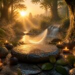 Cena tranquila ao amanhecer com uma pena flutuando sobre uma pedra decorada, cercada por velas acesas e fumaça suave em uma floresta.