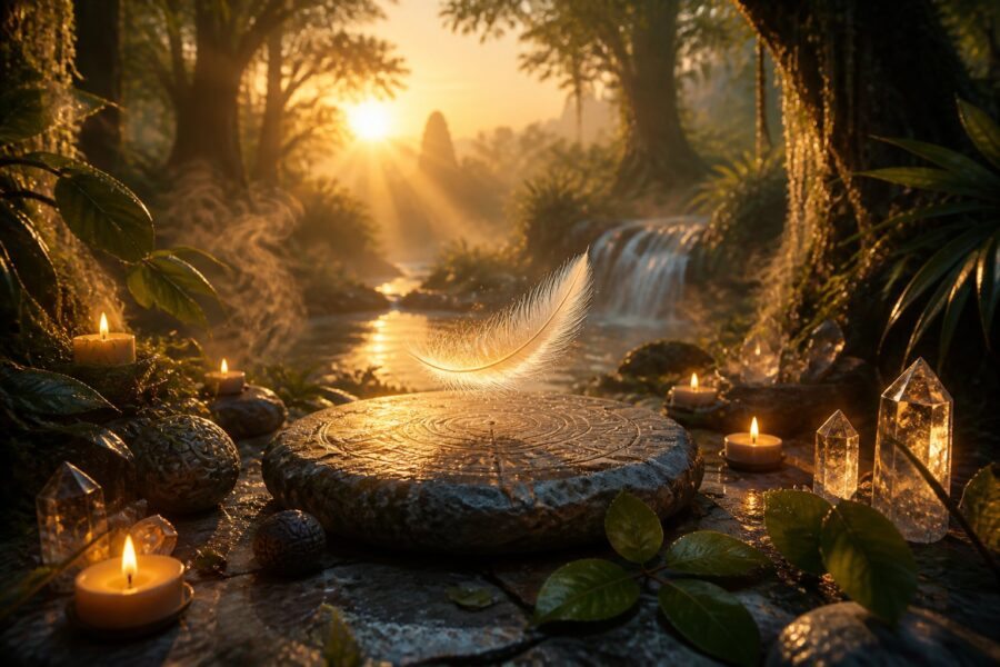 Cena tranquila ao amanhecer com uma pena flutuando sobre uma pedra decorada, cercada por velas acesas e fumaça suave em uma floresta.