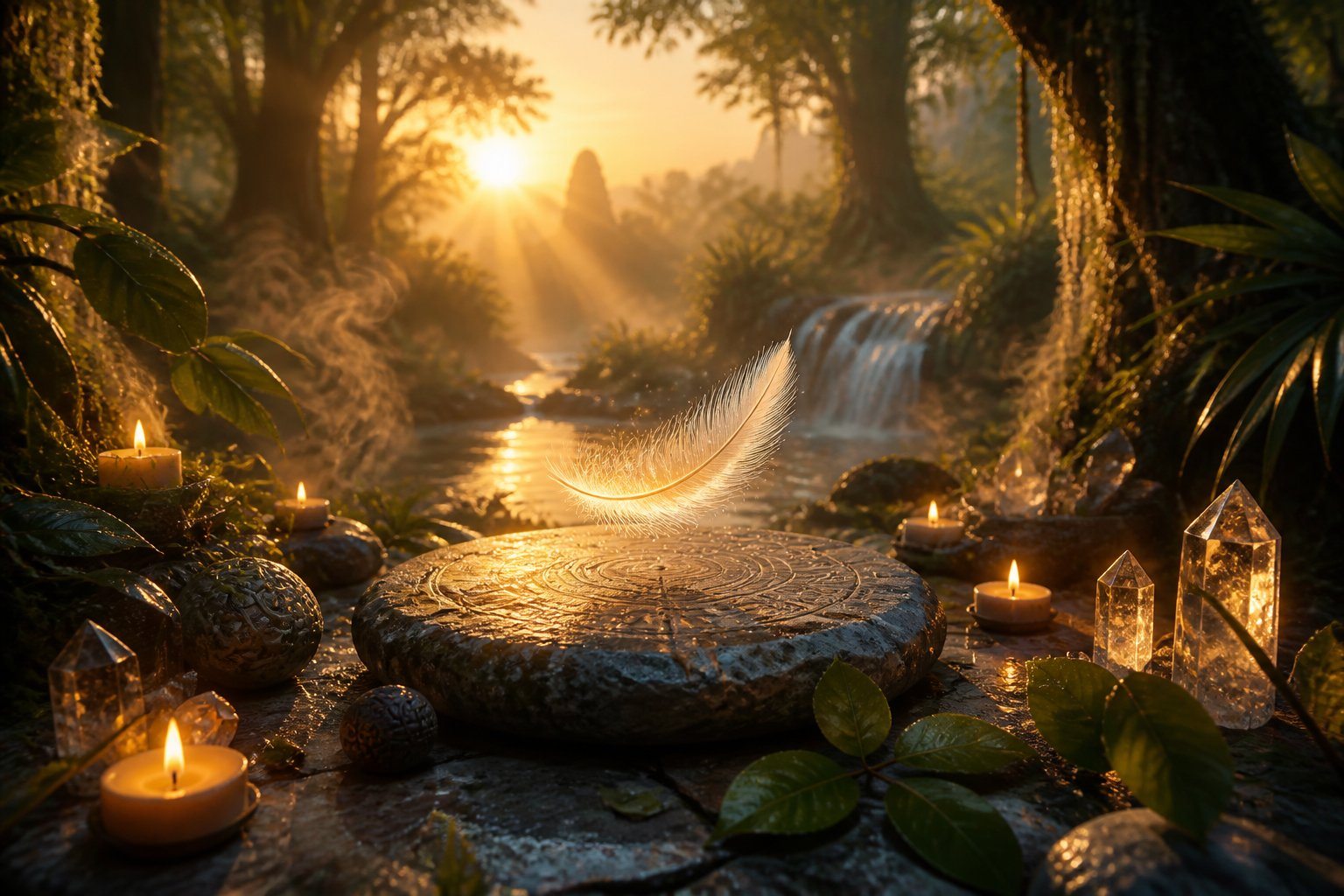 Cena tranquila ao amanhecer com uma pena flutuando sobre uma pedra decorada, cercada por velas acesas e fumaça suave em uma floresta.