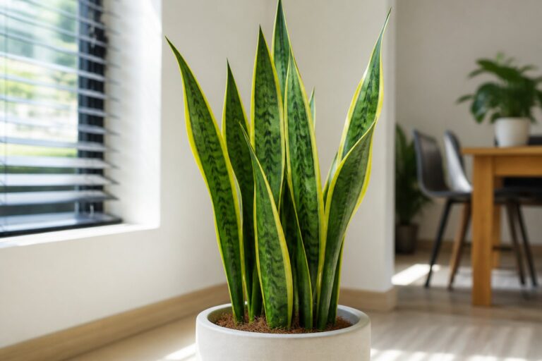 Planta Espada de São Jorge com folhas verdes e bordas amarelas em um vaso, em ambiente interno iluminado.