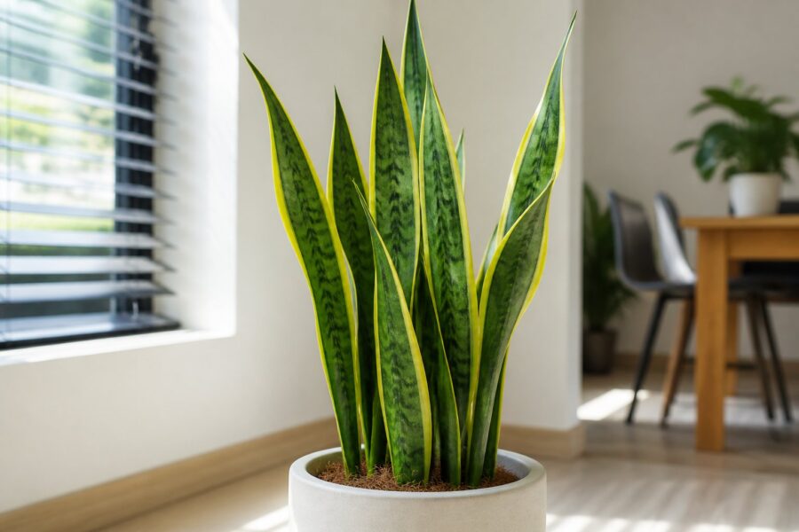 Planta Espada de São Jorge com folhas verdes e bordas amarelas em um vaso, em ambiente interno iluminado.