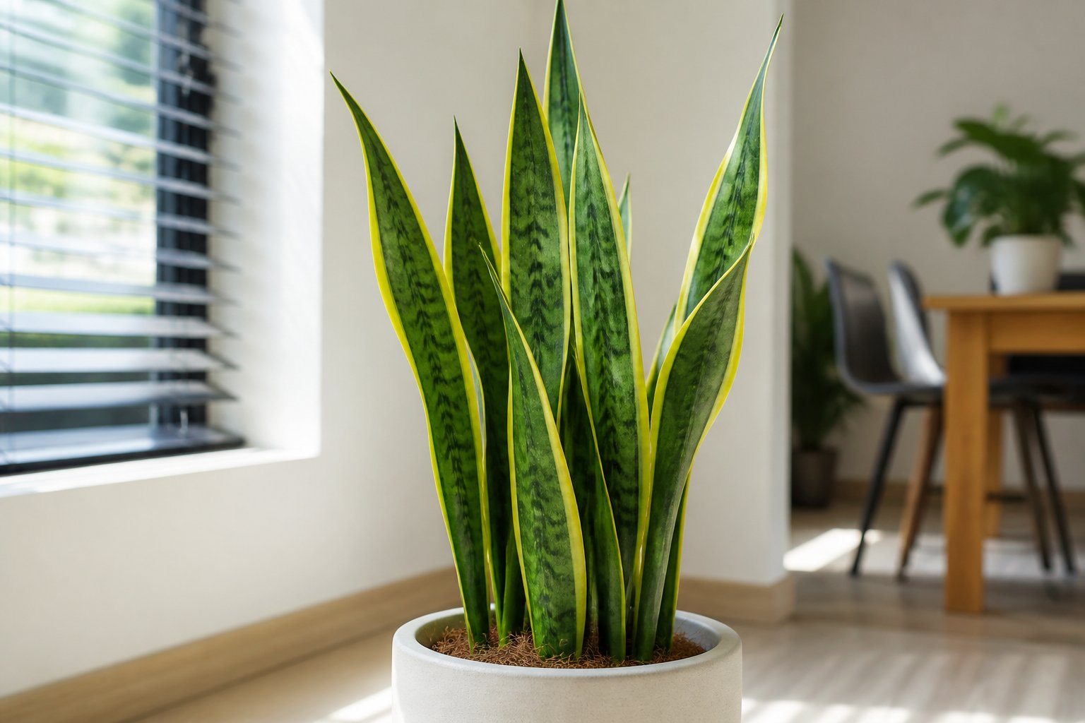 Planta Espada de São Jorge com folhas verdes e bordas amarelas em um vaso, em ambiente interno iluminado.