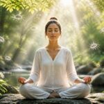 Pessoa meditando ao ar livre em meio à natureza, com luz suave e elementos naturais ao redor, transmitindo paz e reflexão espiritual.