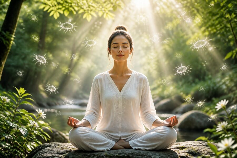 Pessoa meditando ao ar livre em meio à natureza, com luz suave e elementos naturais ao redor, transmitindo paz e reflexão espiritual.
