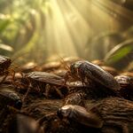Várias baratas em close, em um ambiente natural com iluminação suave.