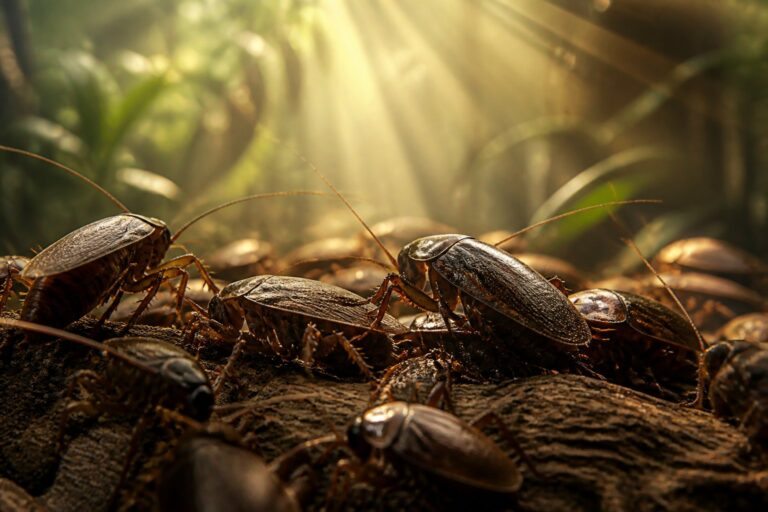 Várias baratas em close, em um ambiente natural com iluminação suave.