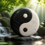 Símbolo yin yang em pedra preta e branca cercado por folhas verdes, flores de lótus e água calma, transmitindo equilíbrio e harmonia.