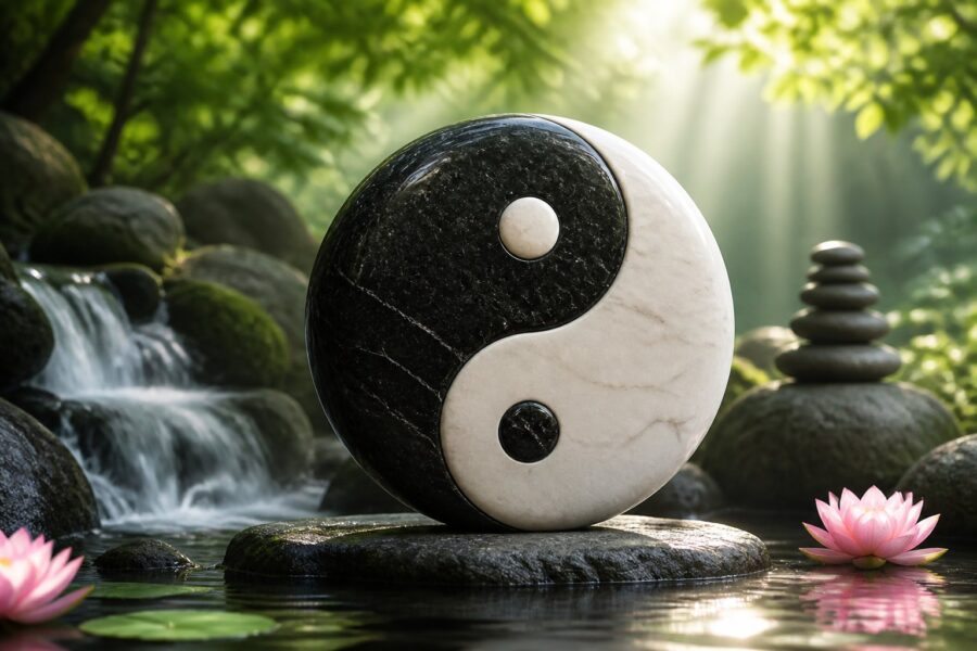 Símbolo yin yang em pedra preta e branca cercado por folhas verdes, flores de lótus e água calma, transmitindo equilíbrio e harmonia.
