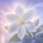 Uma flor de jasmim branca em plena floração com gotas de orvalho, em um fundo suave e colorido que transmite calma e espiritualidade.