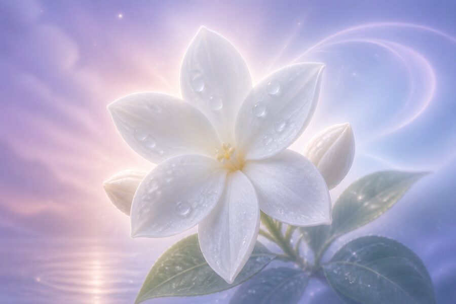 Uma flor de jasmim branca em plena floração com gotas de orvalho, em um fundo suave e colorido que transmite calma e espiritualidade.