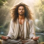 Pessoa com cabelo volumoso e bagunçado meditando em um ambiente natural tranquilo, cercada por luz suave e vegetação.