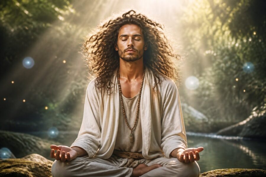 Pessoa com cabelo volumoso e bagunçado meditando em um ambiente natural tranquilo, cercada por luz suave e vegetação.
