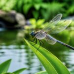 Libélula pousada em uma folha verde perto de um lago tranquilo com vegetação ao redor.