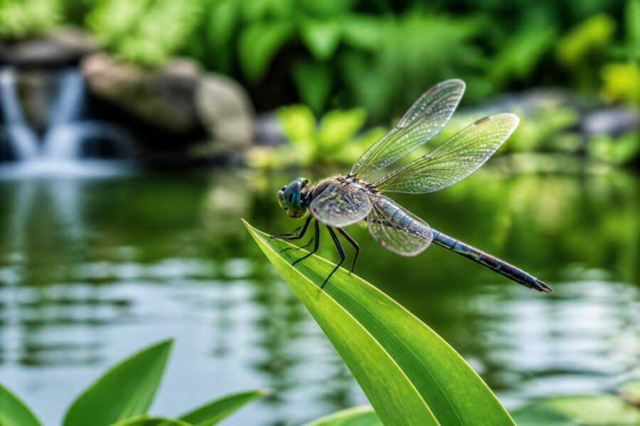 Libélula pousada em uma folha verde perto de um lago tranquilo com vegetação ao redor.