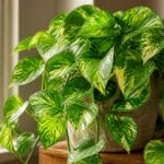Planta jiboia com folhas verdes e amarelas em um ambiente interno iluminado pela luz natural.