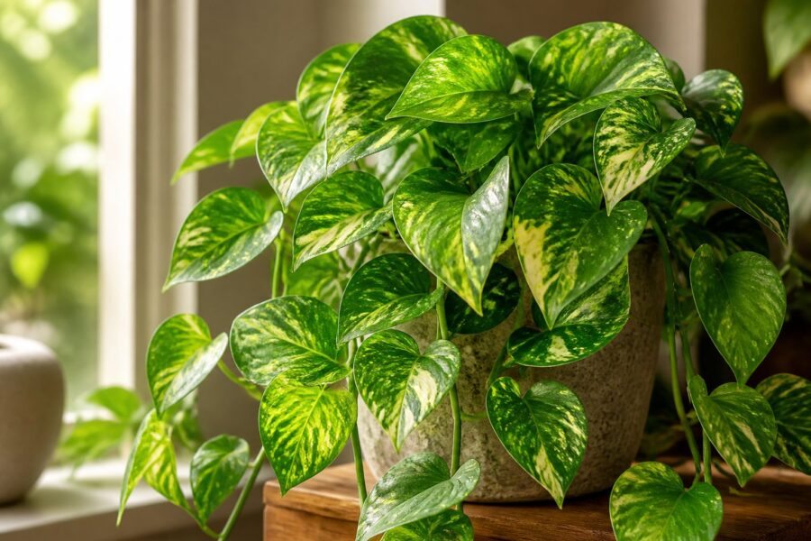 Planta jiboia com folhas verdes e amarelas em um ambiente interno iluminado pela luz natural.