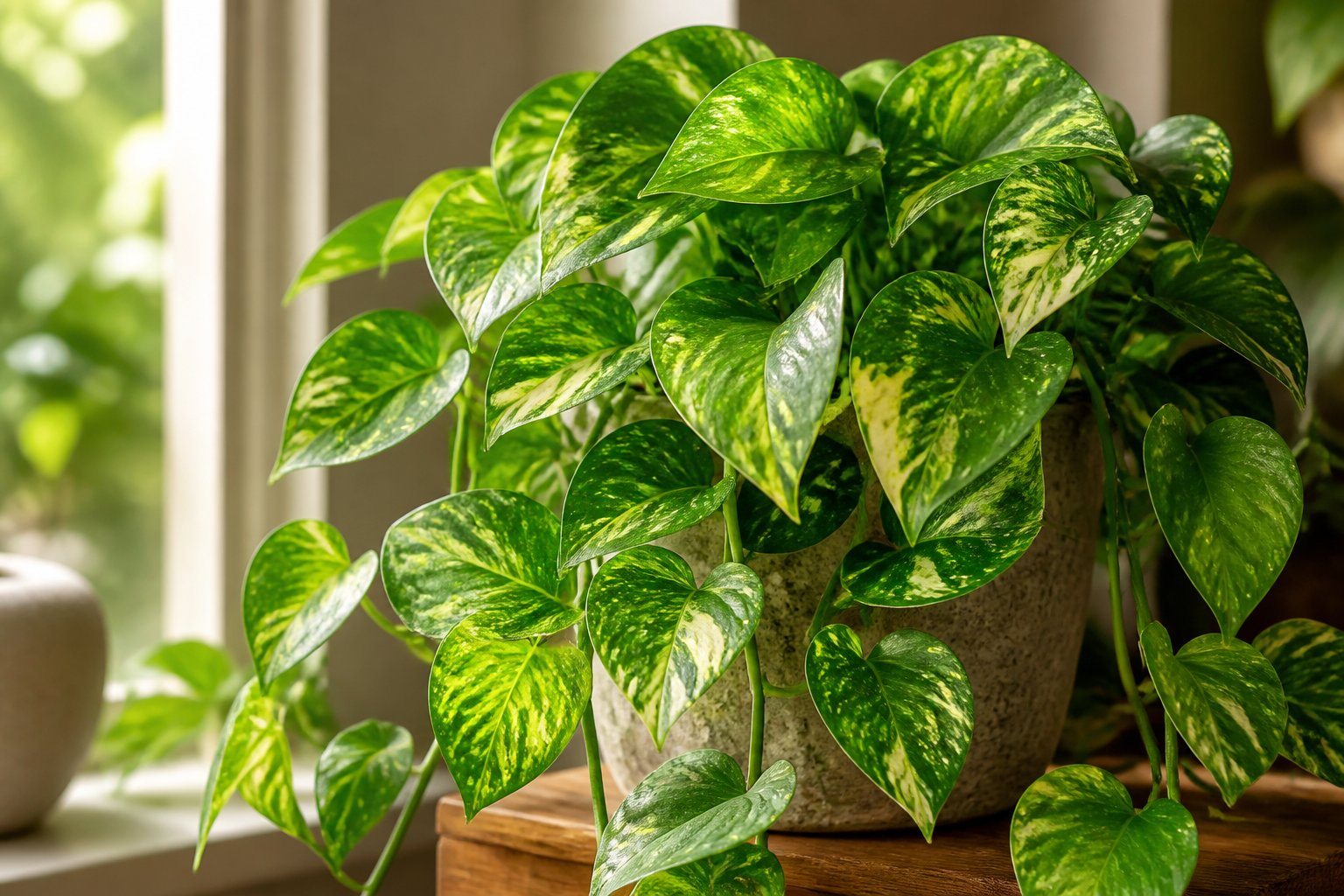 Planta jiboia com folhas verdes e amarelas em um ambiente interno iluminado pela luz natural.