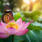 Uma borboleta colorida pousada em uma flor em meio à natureza com luz suave ao fundo.
