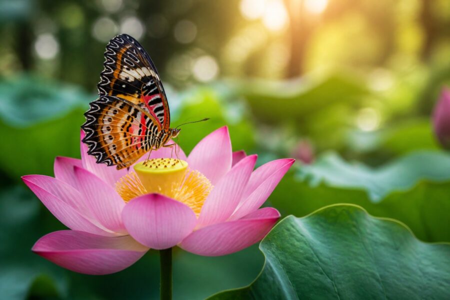 Uma borboleta colorida pousada em uma flor em meio à natureza com luz suave ao fundo.