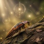 Um close de uma barata sobre uma superfície natural com luz suave e símbolos espirituais ao redor, transmitindo resistência e transformação.