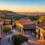 Vista panorâmica de cidades próximas a Madrid com arquitetura tradicional espanhola, ruas de paralelepípedos e colinas verdes ao redor.