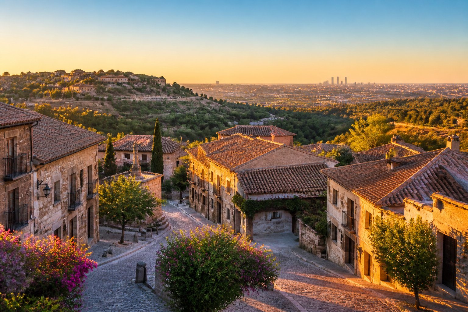 Vista panorâmica de cidades próximas a Madrid com arquitetura tradicional espanhola, ruas de paralelepípedos e colinas verdes ao redor.